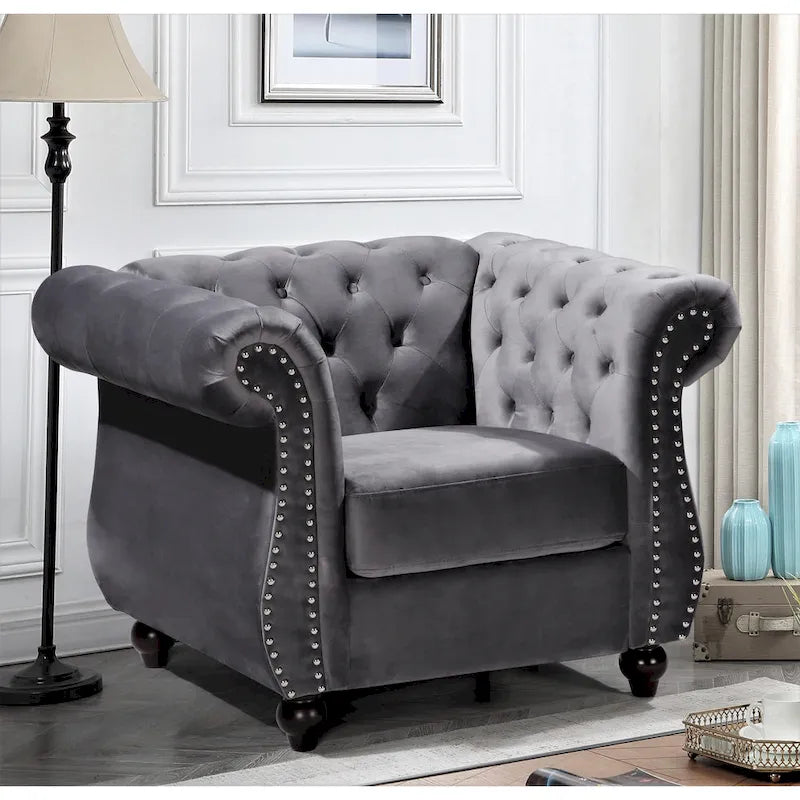 Fauteuil Chesterfield en velours écrasé avec capitonnage et clous décoratifs
