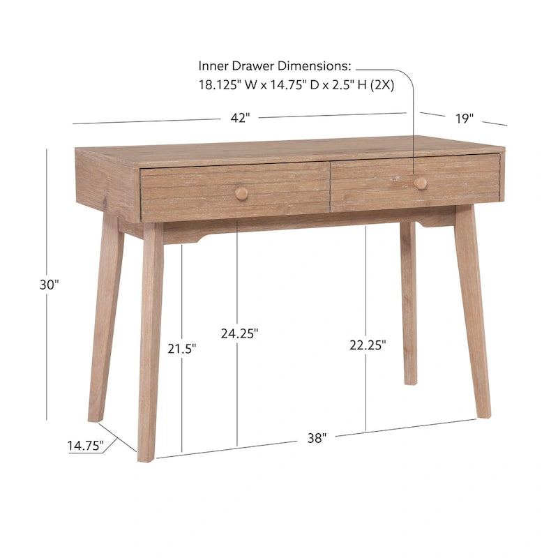 Bureau d'écriture en bois moderne Mid-Century avec 2 tiroirs, 107 cm