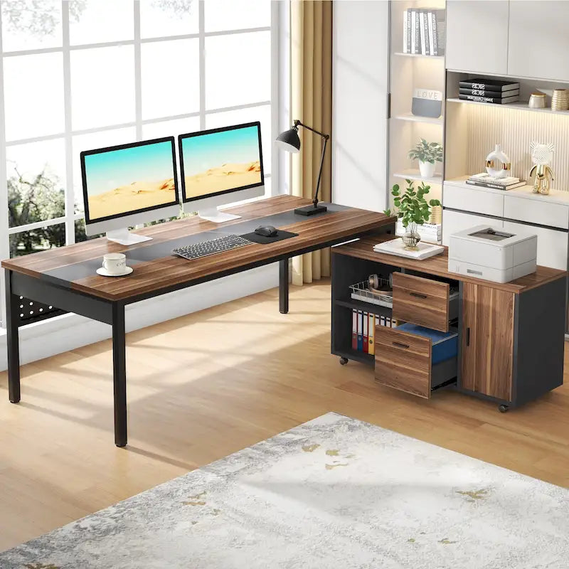 Bureau d'ordinateur en L de 180 cm avec meuble de classement réversible, bureau de direction
