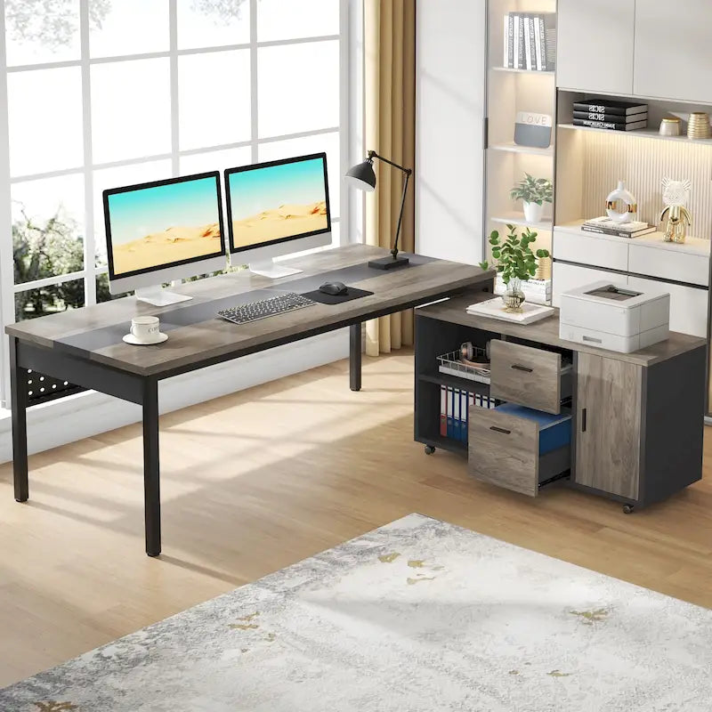 Bureau d'ordinateur en L de 180 cm avec meuble de classement réversible, bureau de direction