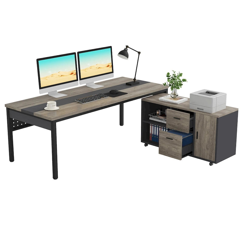 Bureau d'ordinateur en L de 180 cm avec meuble de classement réversible, bureau de direction