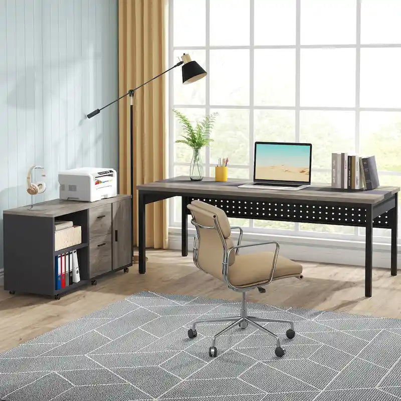 Bureau d'ordinateur en L de 180 cm avec meuble de classement réversible, bureau de direction