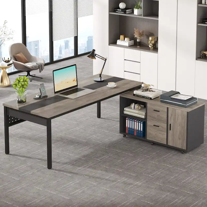 Bureau d'ordinateur en L de 180 cm avec meuble de classement réversible, bureau de direction