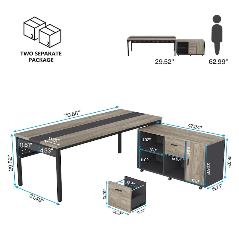 Bureau d'ordinateur en L de 180 cm avec meuble de classement réversible, bureau de direction