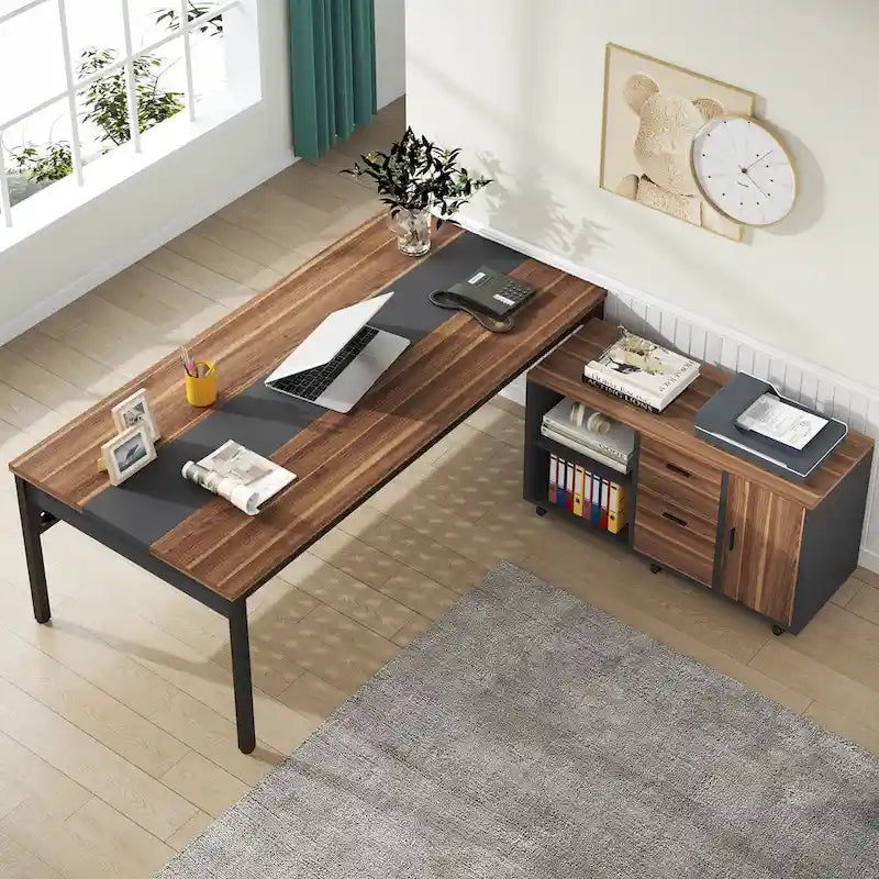 Bureau d'ordinateur en L de 180 cm avec meuble de classement réversible, bureau de direction