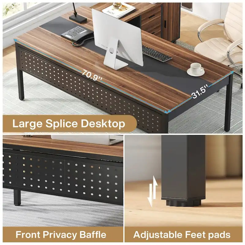 Bureau d'ordinateur en L de 180 cm avec meuble de classement réversible, bureau de direction