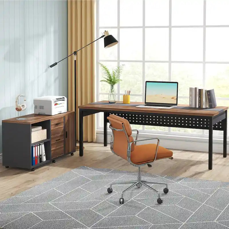 Bureau d'ordinateur en L de 180 cm avec meuble de classement réversible, bureau de direction