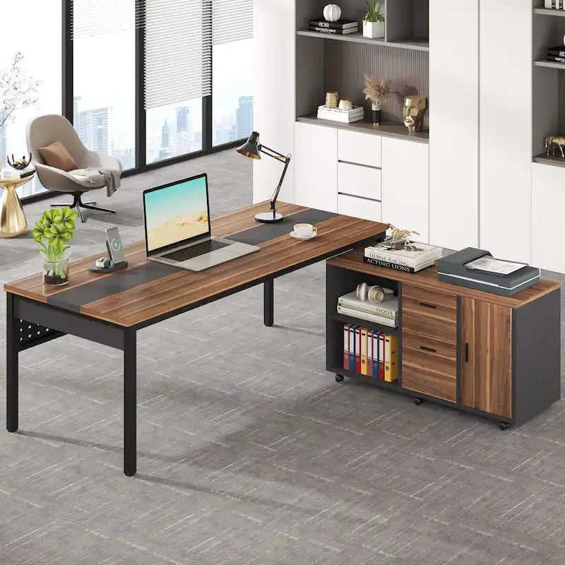 Bureau d'ordinateur en L de 180 cm avec meuble de classement réversible, bureau de direction