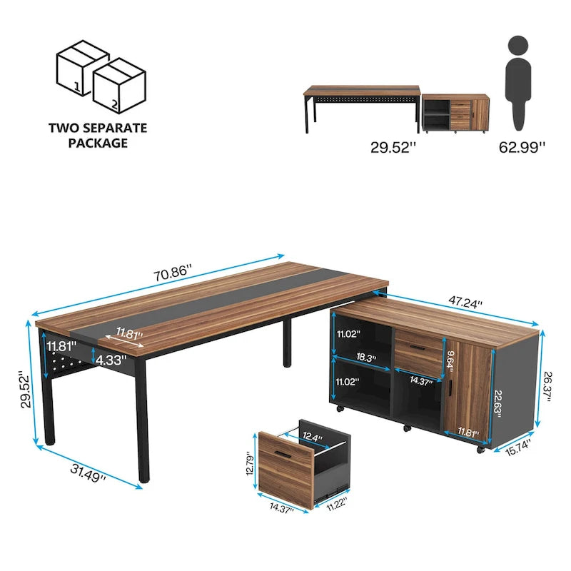 Bureau d'ordinateur en L de 180 cm avec meuble de classement réversible, bureau de direction