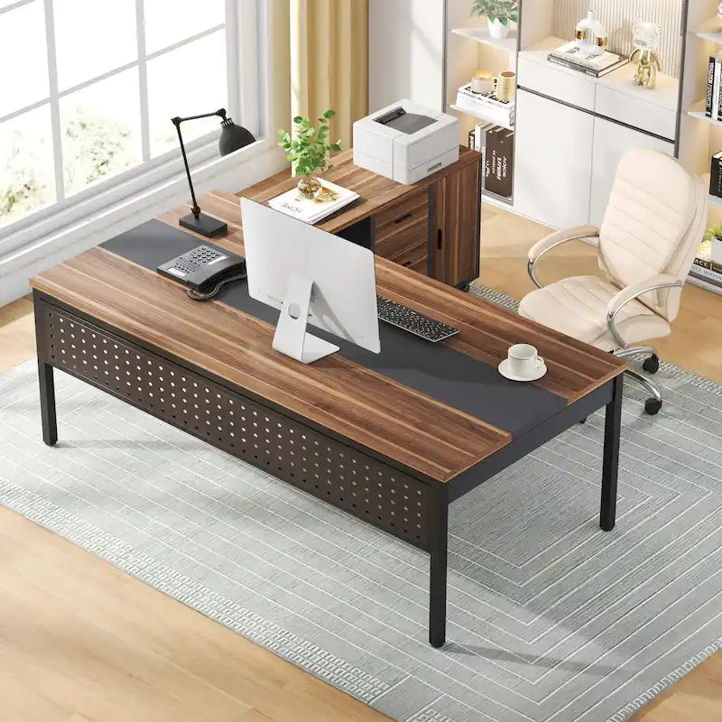 Bureau d'ordinateur en L de 180 cm avec meuble de classement réversible, bureau de direction
