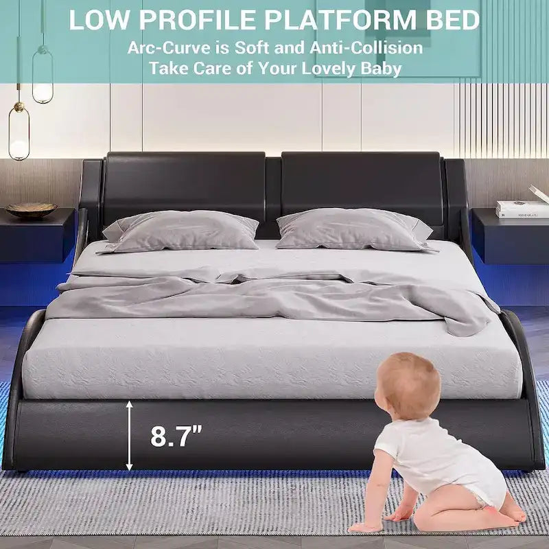 Cadre de lit plateforme moderne rembourré Queen avec lumières LED
