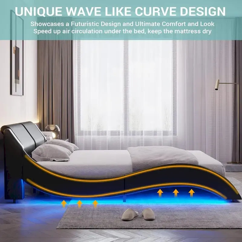 Cadre de lit plateforme moderne rembourré Queen avec lumières LED