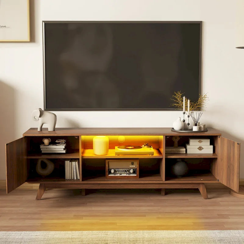 Meuble TV LED RGB mi-century avec portes à lattes, 150 cm — Convient aux TV jusqu'à 65"