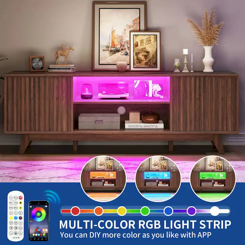 Meuble TV LED RGB mi-century avec portes à lattes, 150 cm — Convient aux TV jusqu'à 65"