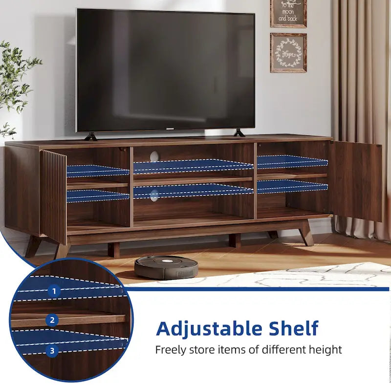 Meuble TV LED RGB mi-century avec portes à lattes, 150 cm — Convient aux TV jusqu'à 65"