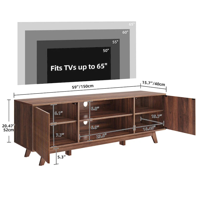 Meuble TV LED RGB mi-century avec portes à lattes, 150 cm — Convient aux TV jusqu'à 65"