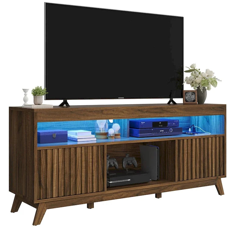 Meuble TV LED RGB mi-century avec portes à lattes, 150 cm — Convient aux TV jusqu'à 65"