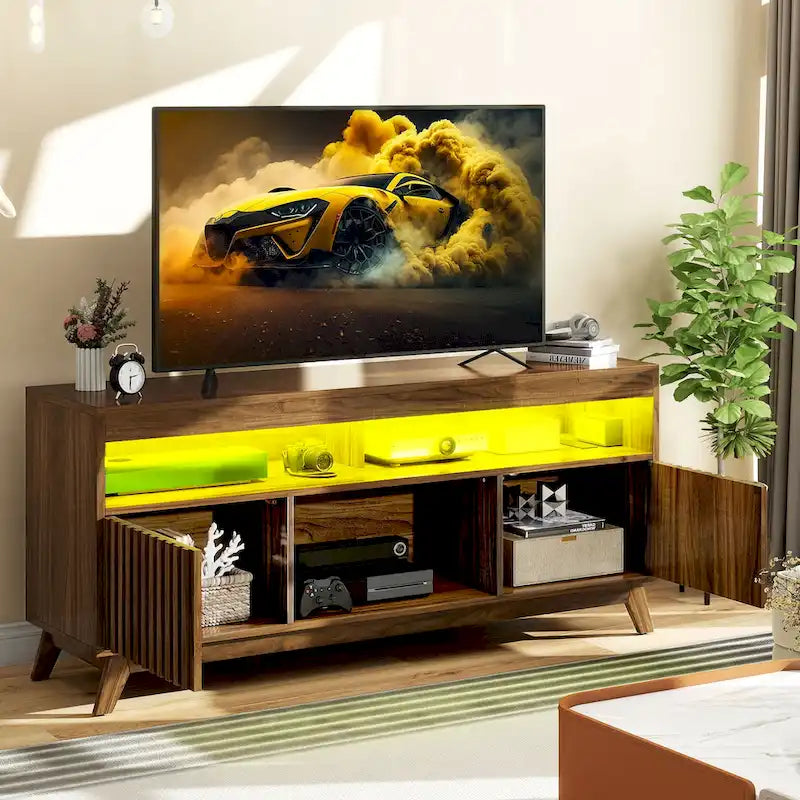 Meuble TV LED RGB mi-century avec portes à lattes, 150 cm — Convient aux TV jusqu'à 65"