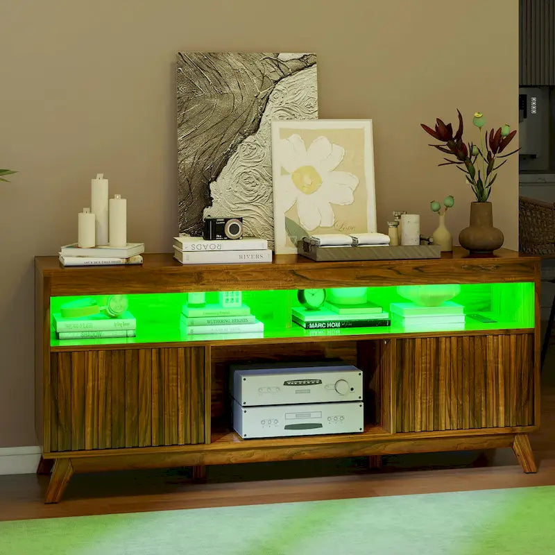 Meuble TV LED RGB mi-century avec portes à lattes, 150 cm — Convient aux TV jusqu'à 65"