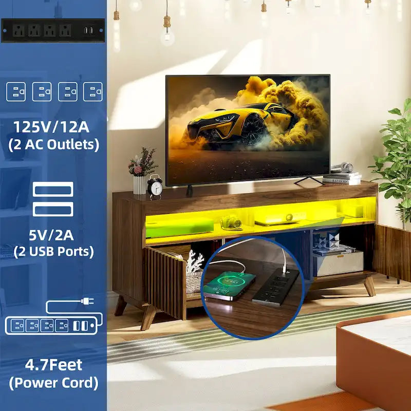 Meuble TV LED RGB mi-century avec portes à lattes, 150 cm — Convient aux TV jusqu'à 65"