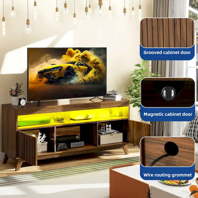 Meuble TV LED RGB mi-century avec portes à lattes, 150 cm — Convient aux TV jusqu'à 65"