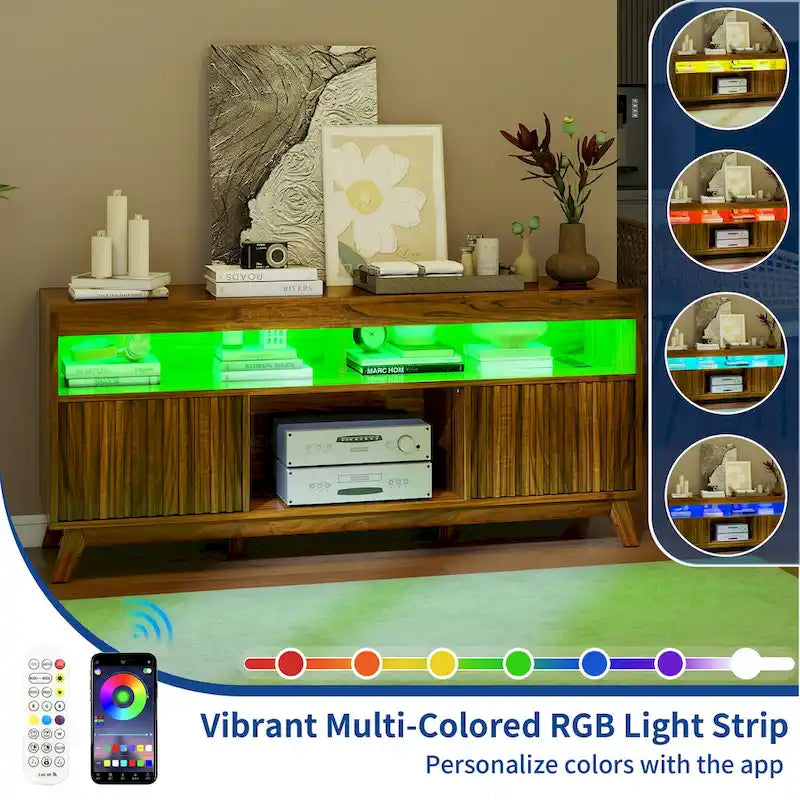 Meuble TV LED RGB mi-century avec portes à lattes, 150 cm — Convient aux TV jusqu'à 65"