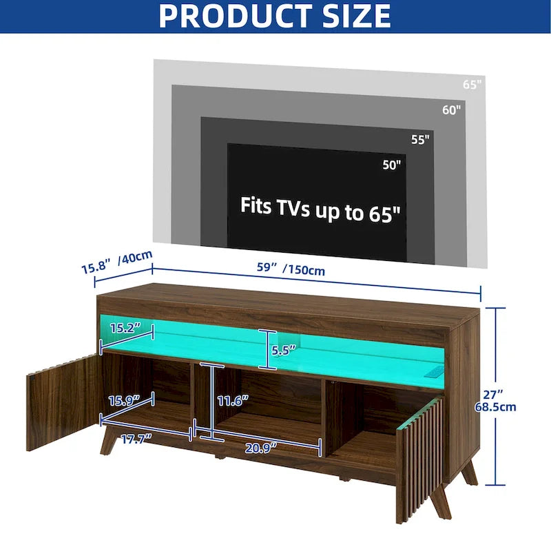 Meuble TV LED RGB mi-century avec portes à lattes, 150 cm — Convient aux TV jusqu'à 65"