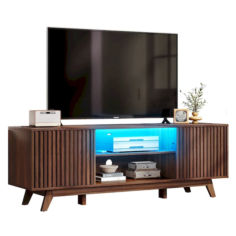 Meuble TV LED RGB mi-century avec portes à lattes, 150 cm — Convient aux TV jusqu'à 65"