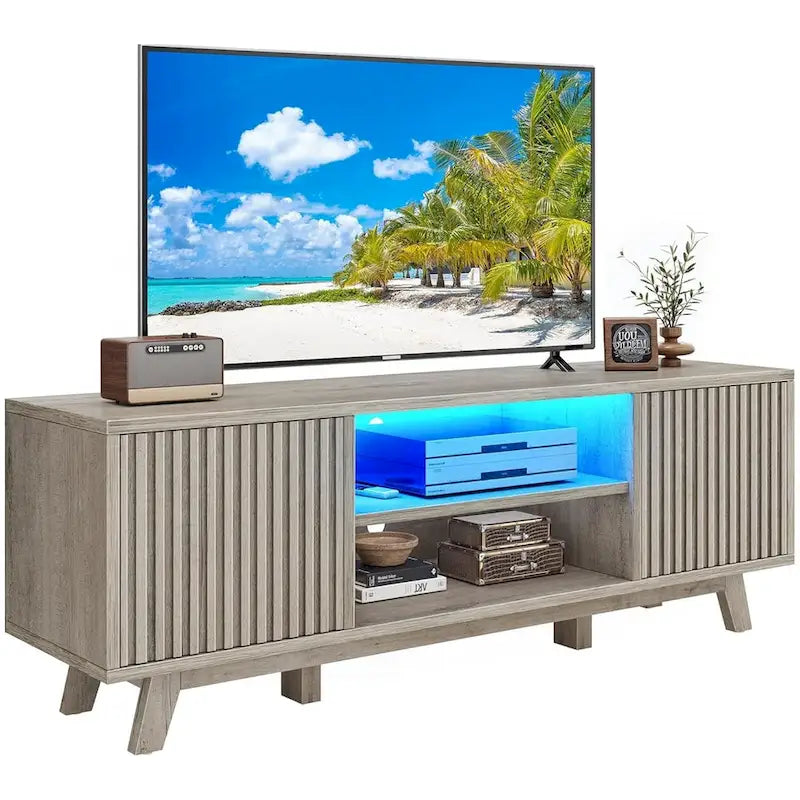 Meuble TV LED RGB mi-century avec portes à lattes, 150 cm — Convient aux TV jusqu'à 65"
