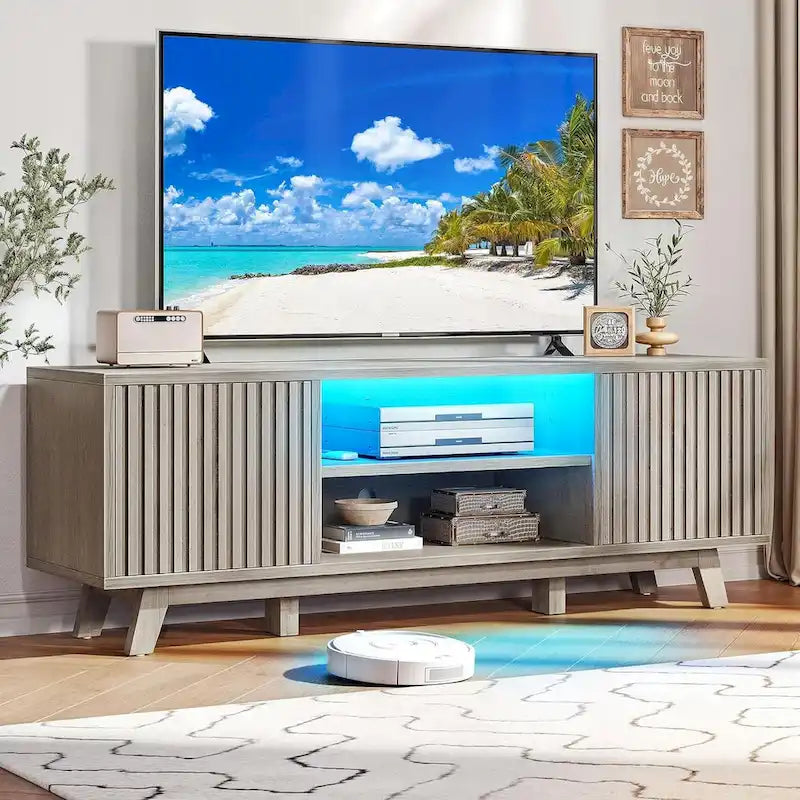 Meuble TV LED RGB mi-century avec portes à lattes, 150 cm — Convient aux TV jusqu'à 65"