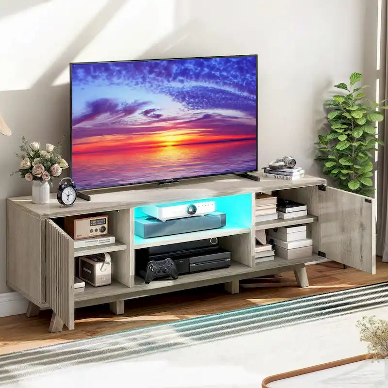 Meuble TV LED RGB mi-century avec portes à lattes, 150 cm — Convient aux TV jusqu'à 65"