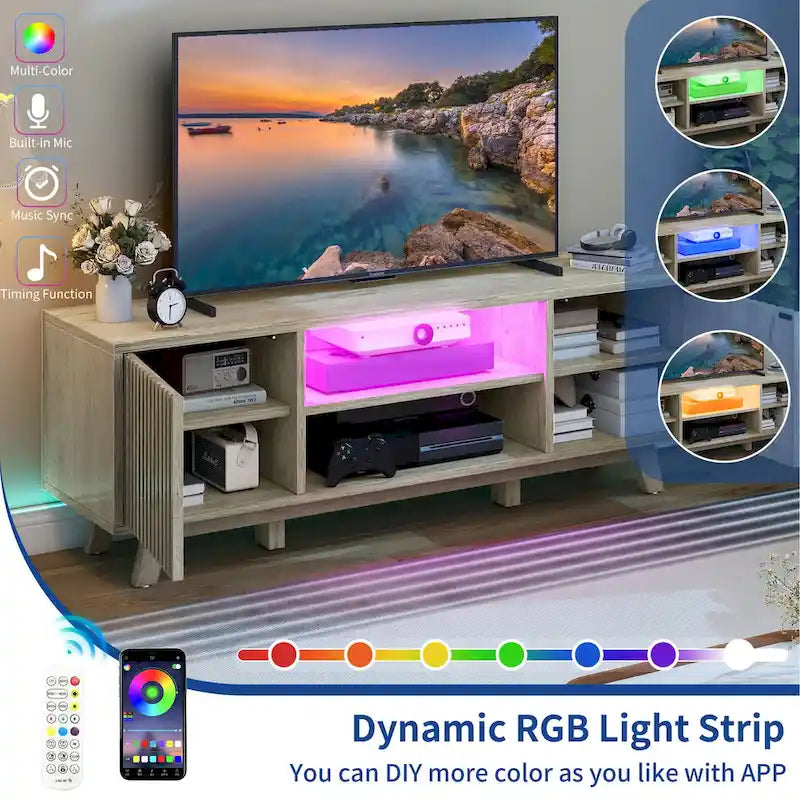 Meuble TV LED RGB mi-century avec portes à lattes, 150 cm — Convient aux TV jusqu'à 65"