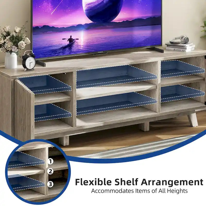 Meuble TV LED RGB mi-century avec portes à lattes, 150 cm — Convient aux TV jusqu'à 65"