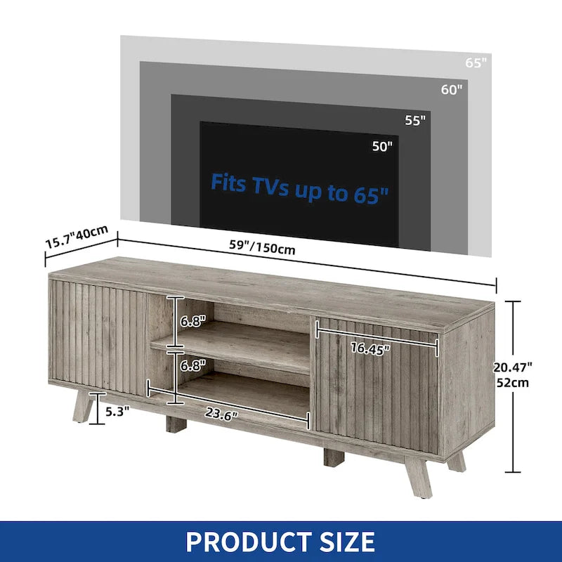 Meuble TV LED RGB mi-century avec portes à lattes, 150 cm — Convient aux TV jusqu'à 65"