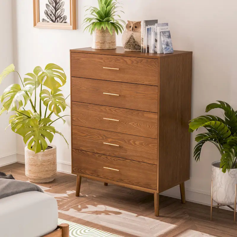 Commode à 5 tiroirs avec système de verrouillage « Beau » de Furniture of America, en noyer de style mid-century