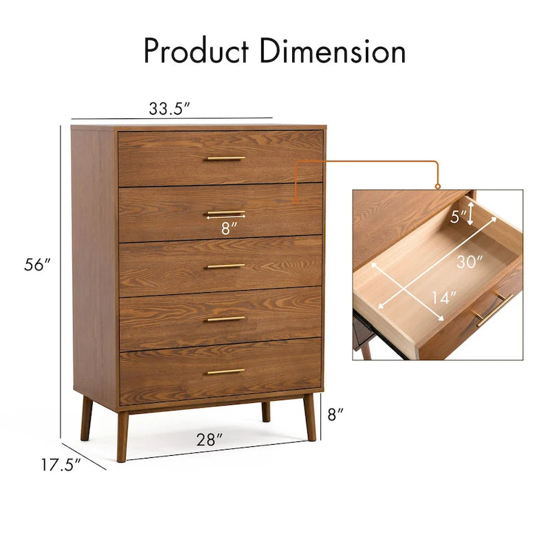 Commode à 5 tiroirs avec système de verrouillage « Beau » de Furniture of America, en noyer de style mid-century