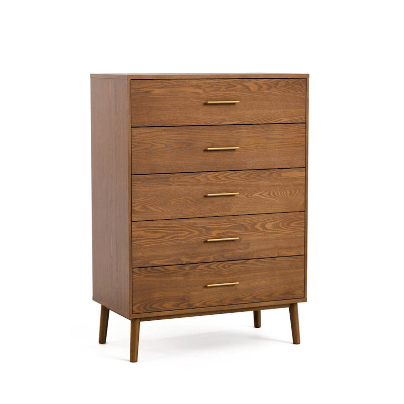 Commode à 5 tiroirs avec système de verrouillage « Beau » de Furniture of America, en noyer de style mid-century