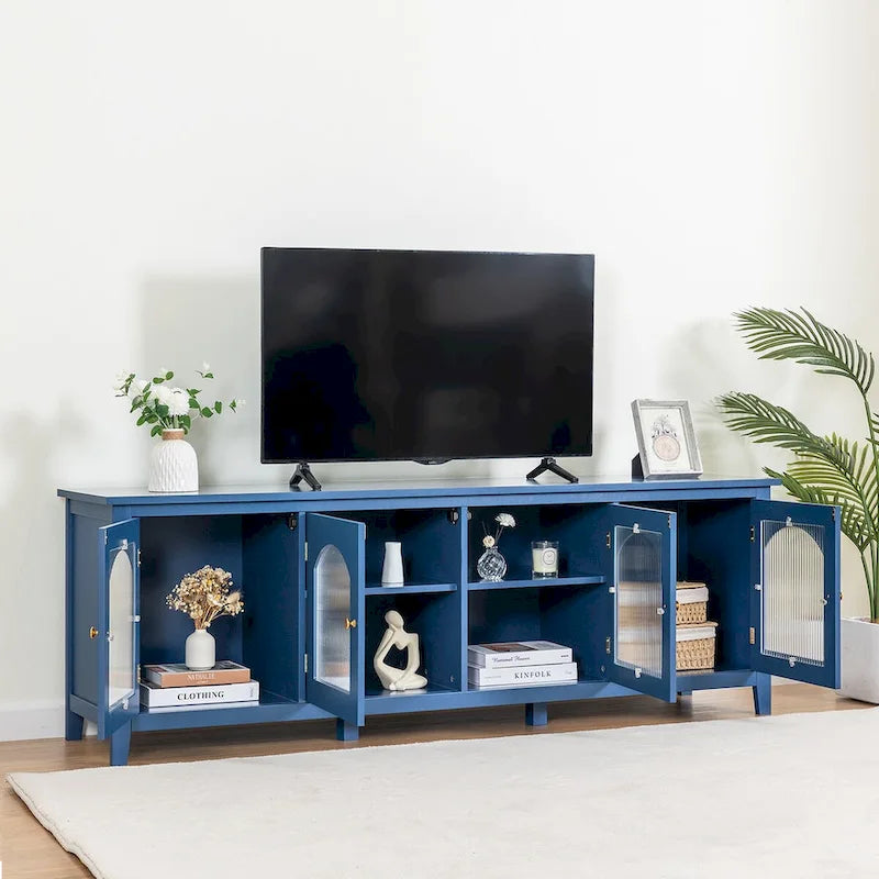 Meuble TV moderne de 180 cm avec portes en verre — Convient aux TV jusqu'à 70"