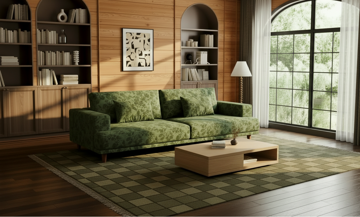 Wide Shot Green Chenille Loveseat